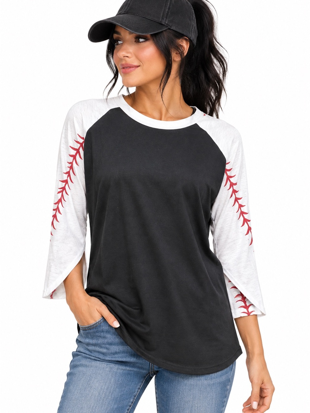 Women’s Black and White Baseball-Style Long Sleeve Tee